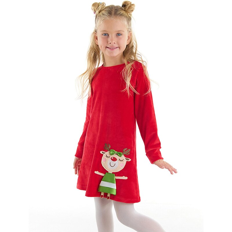 Denokids Naughty Elk Girl Christmas Velvet Red Dress