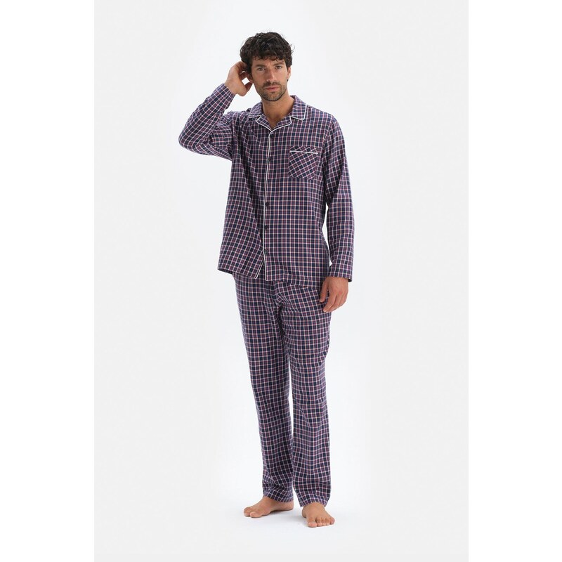 Dagi Navy Blue Plaid Pajamas Set