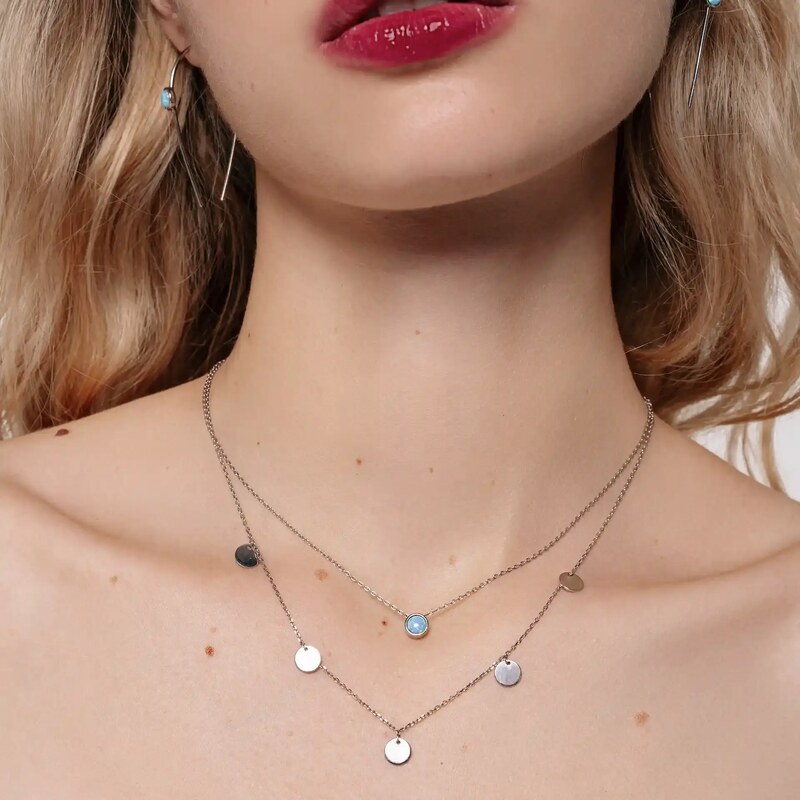 SilveAmo Stříbrný vrstvený náhrdelník Mince a modrý opál