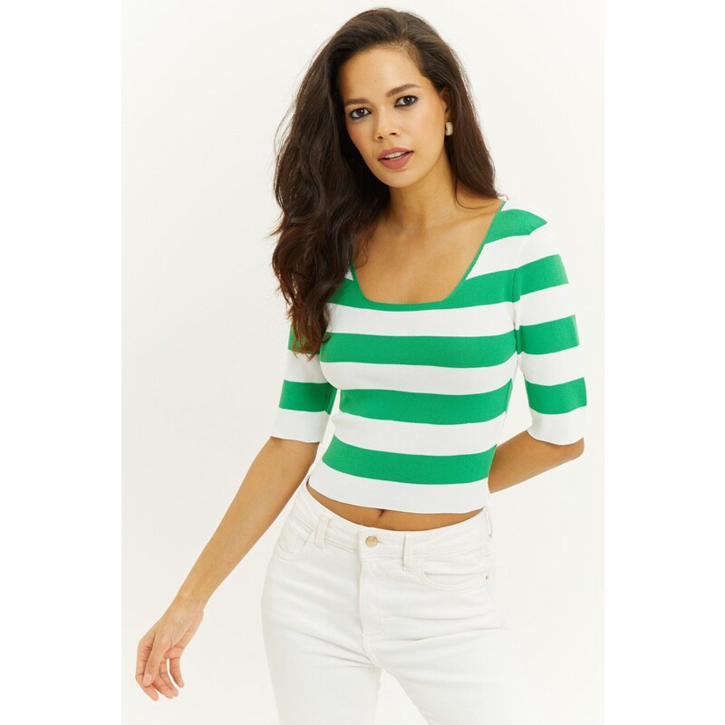 Cool & Sexy Women's Green Square Neck Striped Knitwear Blouse