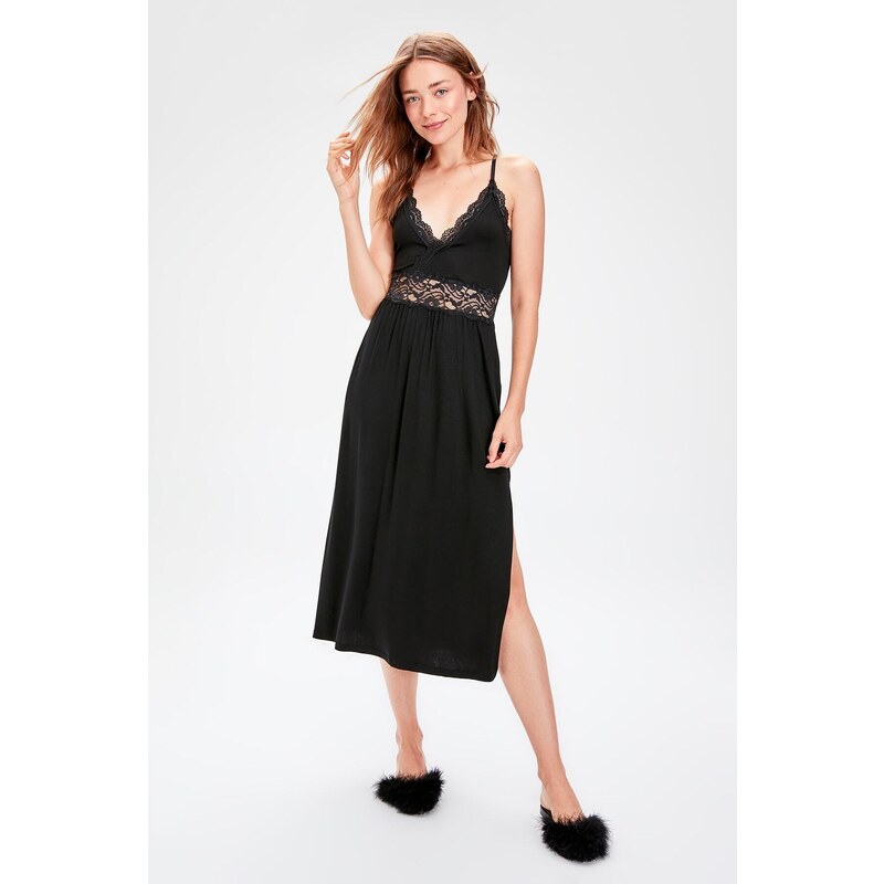 Trendyol Black Lace and Knitted Nightgown with Back Detail and a Slit