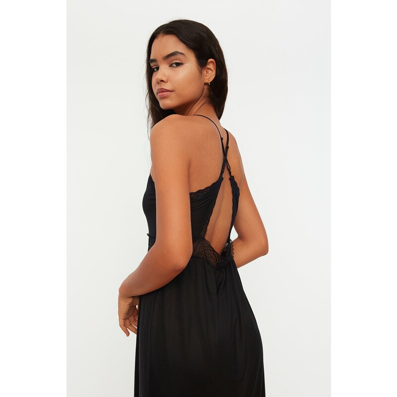 Trendyol Black Lace and Knitted Nightgown with Back Detail and a Slit