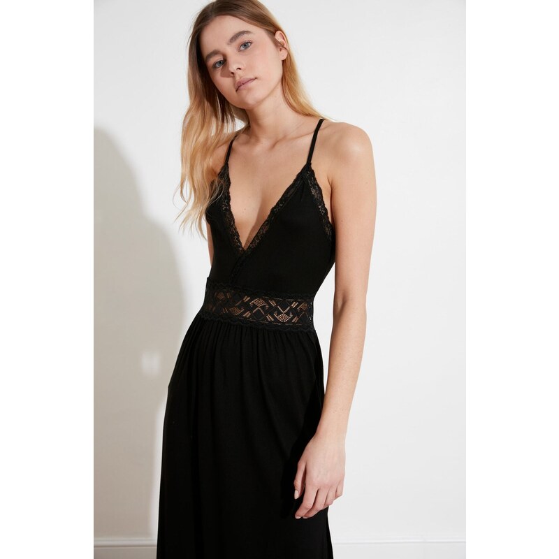 Trendyol Black Lace and Knitted Nightgown with Back Detail and a Slit