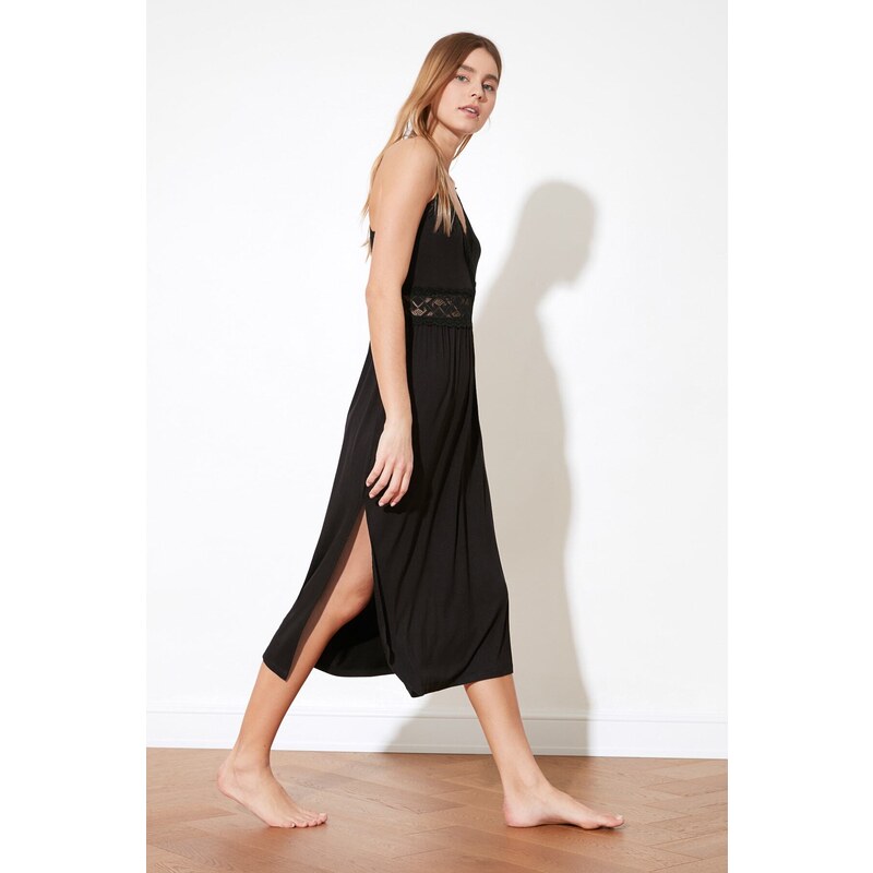 Trendyol Black Lace and Knitted Nightgown with Back Detail and a Slit