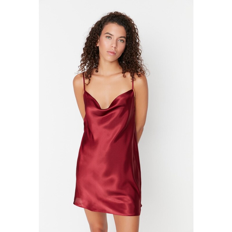 Trendyol Burgundy Degajee Neck Back Detailed Satin Woven Nightgown