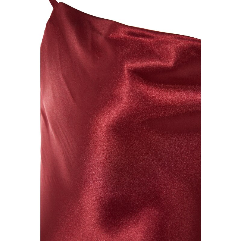 Trendyol Burgundy Degajee Neck Back Detailed Satin Woven Nightgown