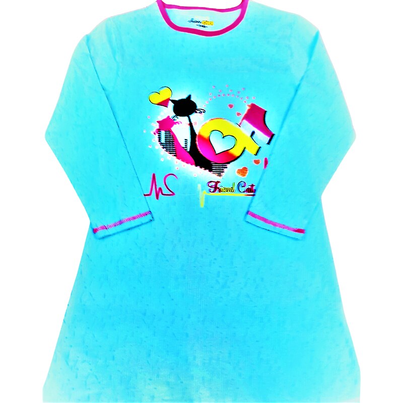 KUGO-Dívčí noční košile dlouhý rukáv TIK TOK tyrkysová