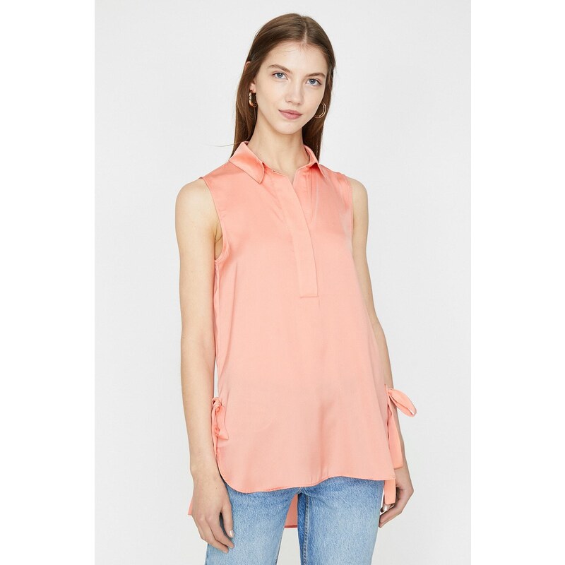 Koton Women's Salmon Colored Classic Collar Sleeveless Tunic with Tie Details.