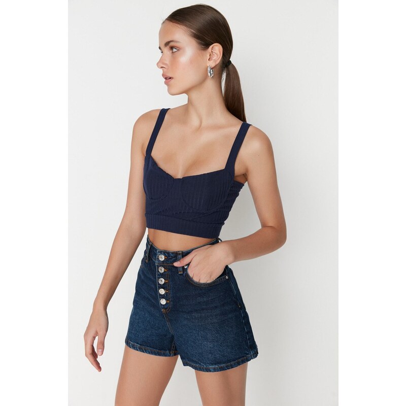 Trendyol Dark Blue High Waist Denim Shorts With Buttons