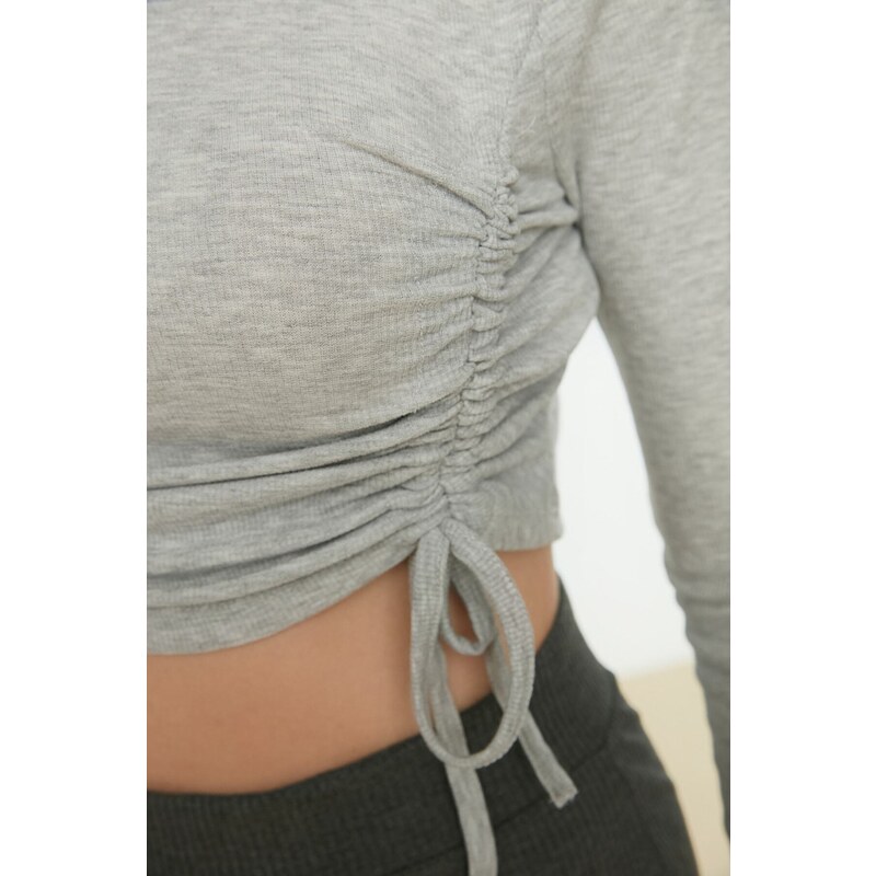 Trendyol Gray Shirring Detail Fitted Crop Crew Neck Ribbed Cotton Stretch Knitted Blouse