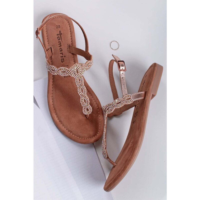 Tamaris Růžovozlaté kožené nízké sandály 1-28197
