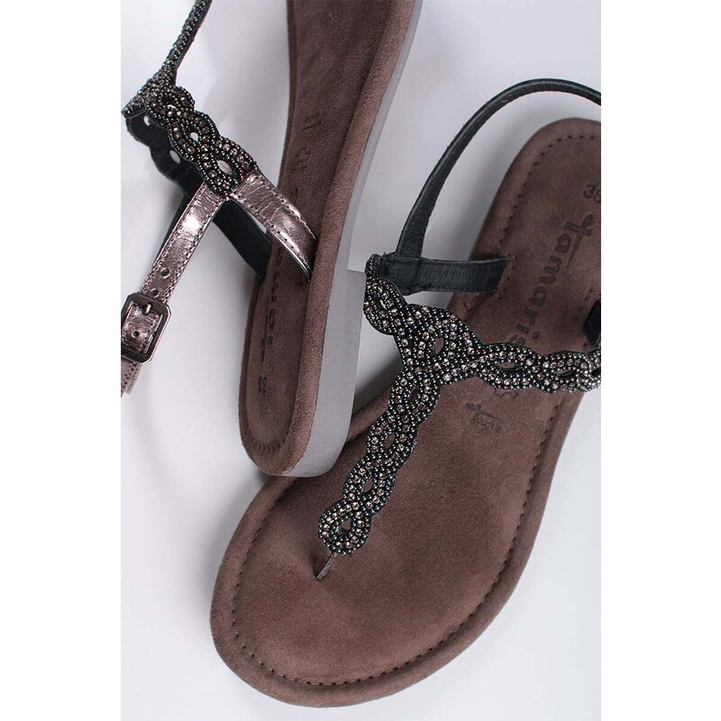 Tamaris Tmavě stříbrné kožené nízké sandály 1-28197