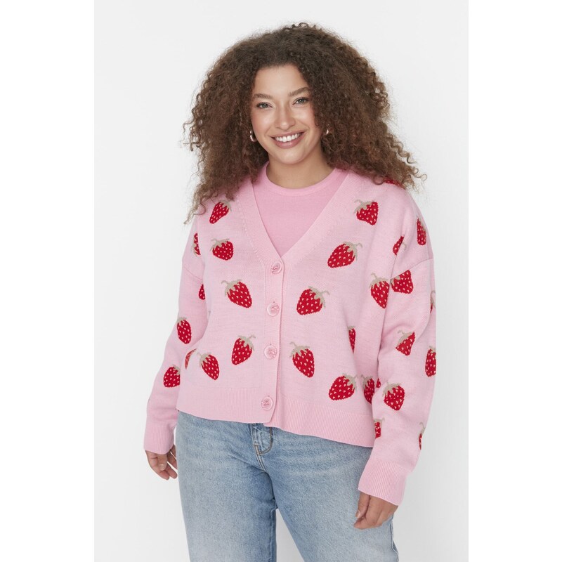 Trendyol Curve Růžový jahodový vzorovaný pletený svetr s výstřihem do V