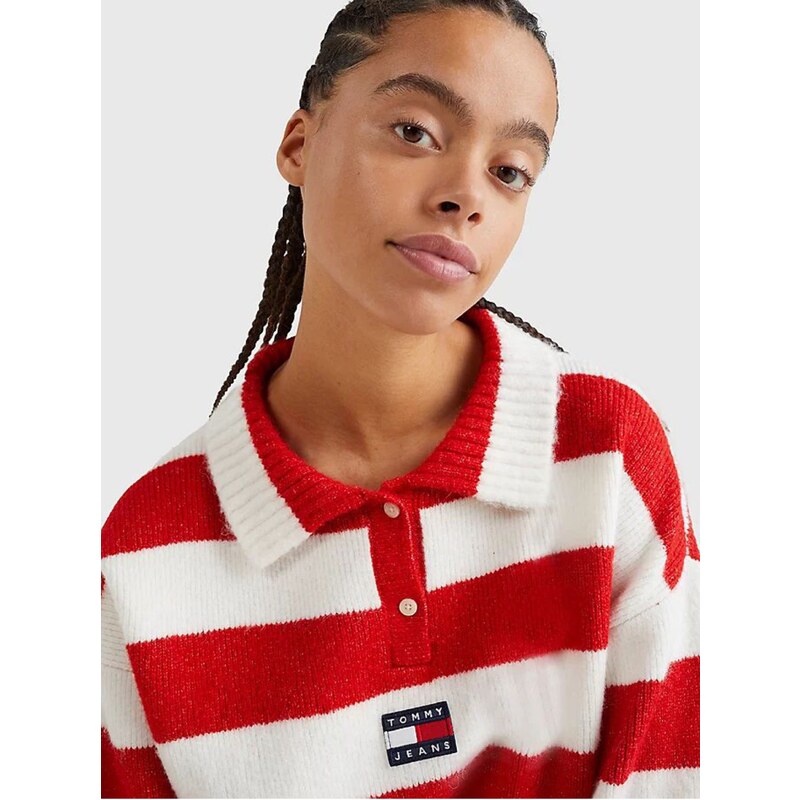 Tommy Hilfiger Bílo-červený dámský pruhovaný svetr Tommy Jeans - Dámské