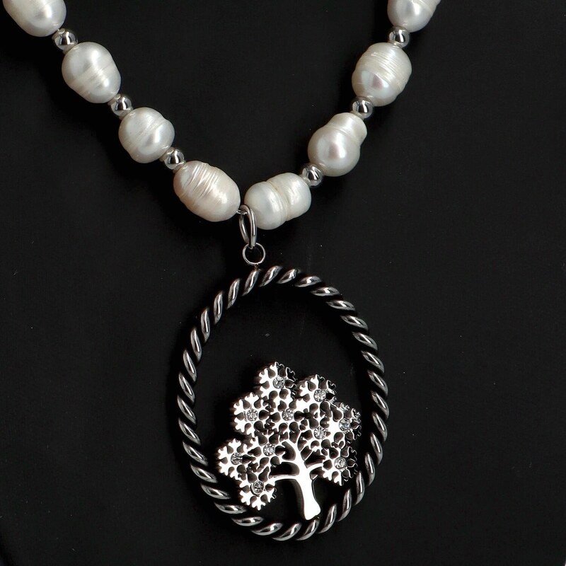 Delami Dámský ocelový řetízek s přívěskem Strom života doplněný umělými perlami