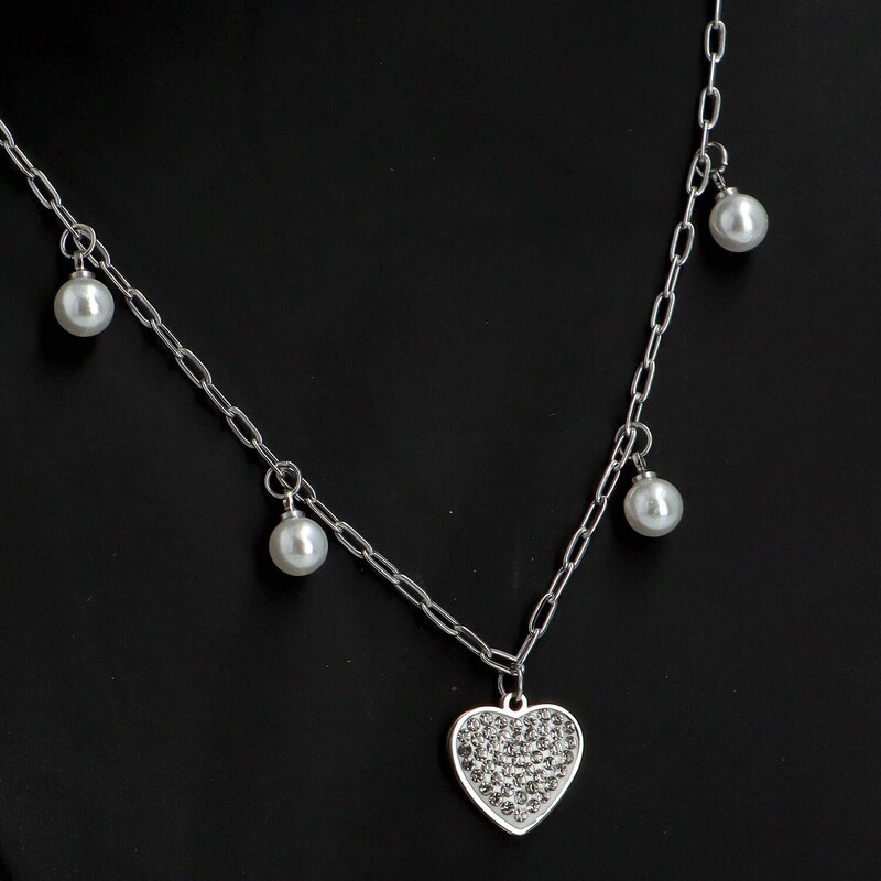 Delami Dámský ocelový řetízek s přívěskem srdce a umělých perel