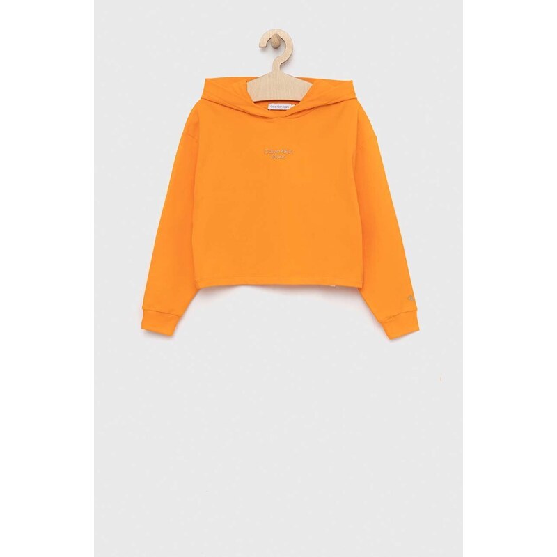Dětská mikina Calvin Klein Jeans oranžová barva, s kapucí, s potiskem
