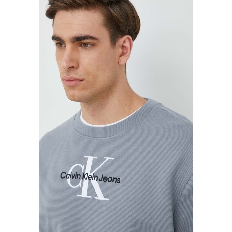 Bavlněná mikina Calvin Klein Jeans pánská, šedá barva, s aplikací