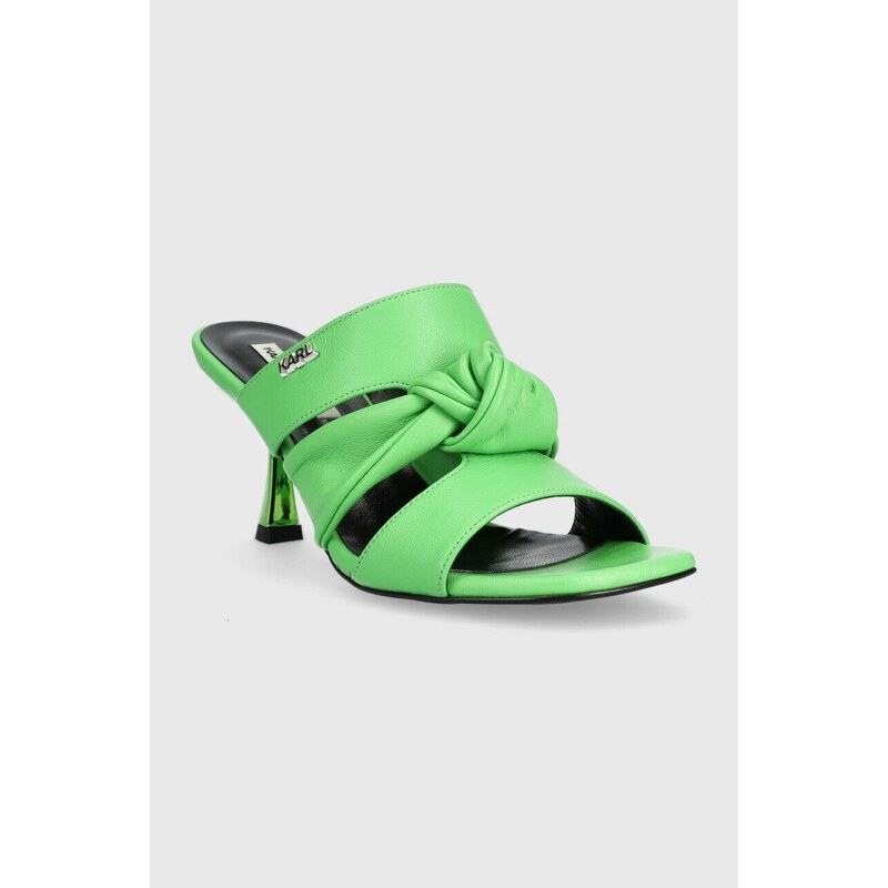 Kožené pantofle Karl Lagerfeld PANACHE dámské, zelená barva, na podpatku, KL30126