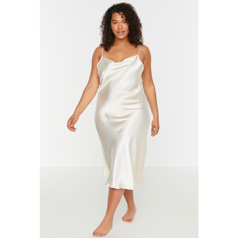 Trendyol Curve Beige Straps, Satin Woven Back Detailed Nightgown