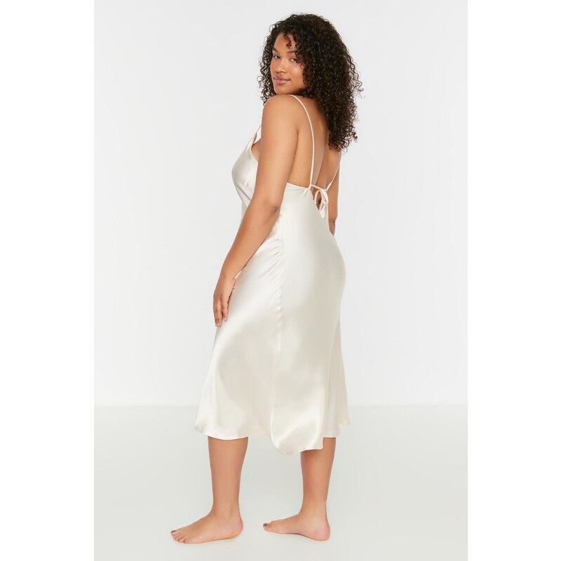 Trendyol Curve Beige Straps, Satin Woven Back Detailed Nightgown