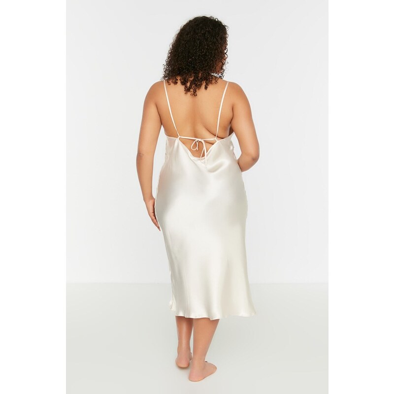 Trendyol Curve Beige Straps, Satin Woven Back Detailed Nightgown