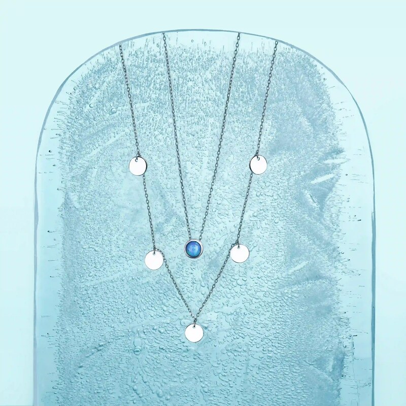 SilveAmo Stříbrný vrstvený náhrdelník Mince a modrý opál