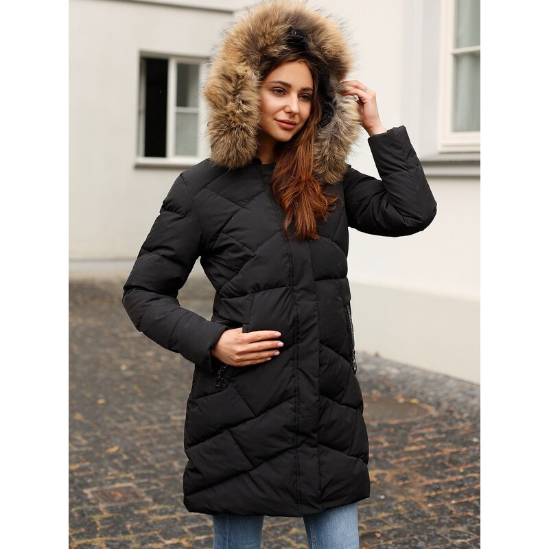 PERSO Womans Quilted womens winter jacket with real fur on the