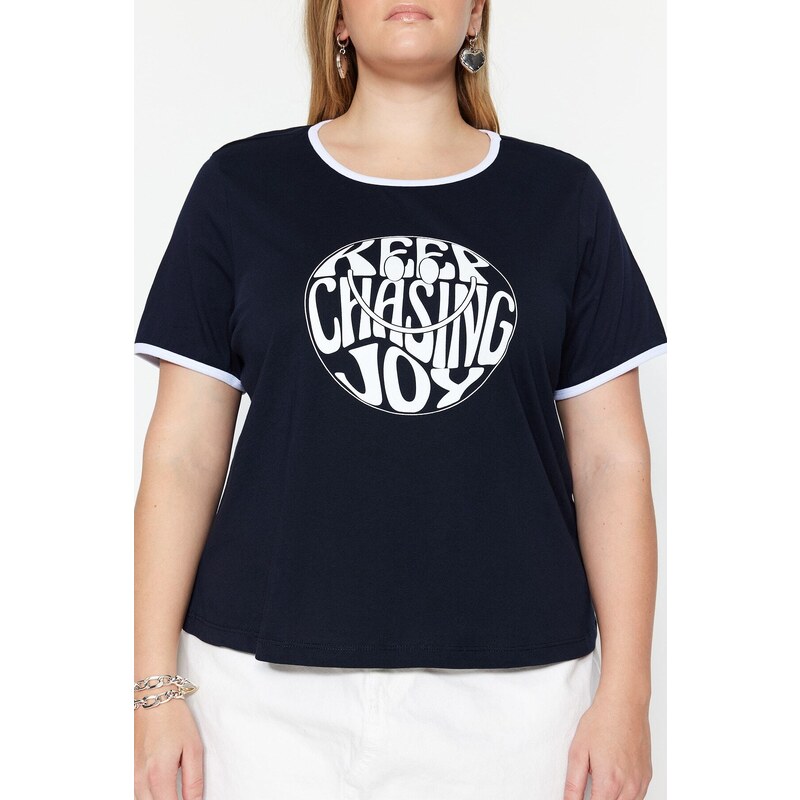 Trendyol Curve Navy Blue Printed Crop Knitted T-shirt