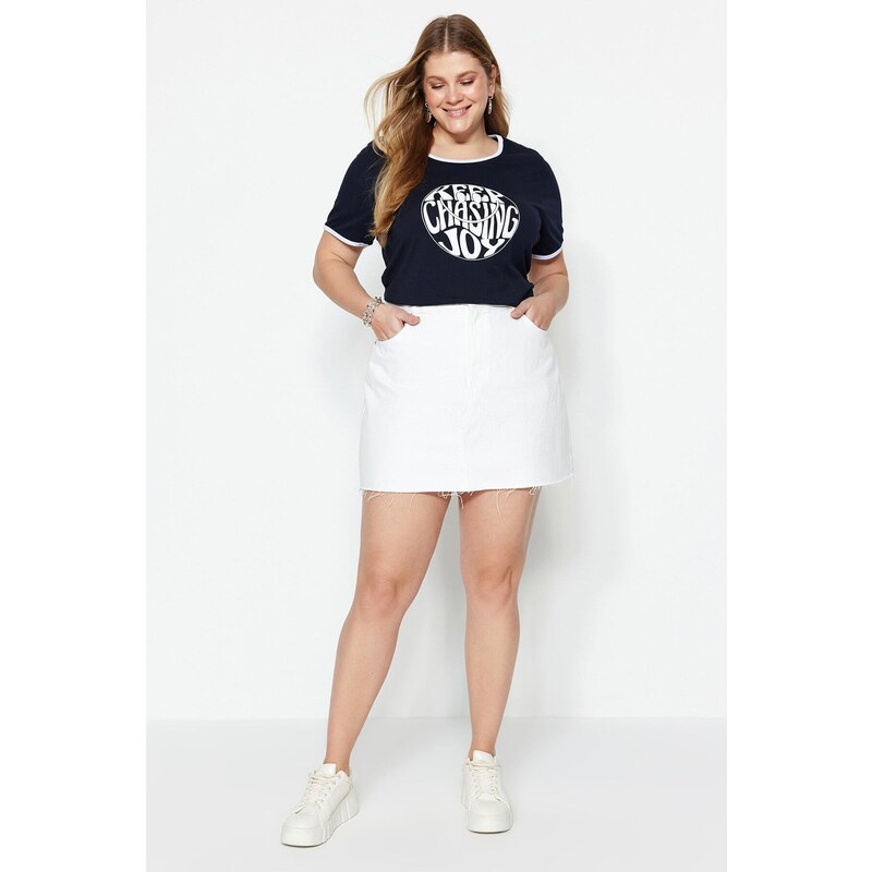 Trendyol Curve Navy Blue Printed Crop Knitted T-shirt