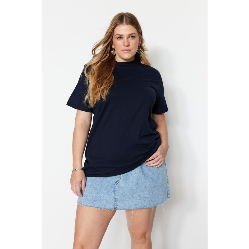 Trendyol Curve Navy Blue Collar Ribbed Boyfriend Knitted T-shirt