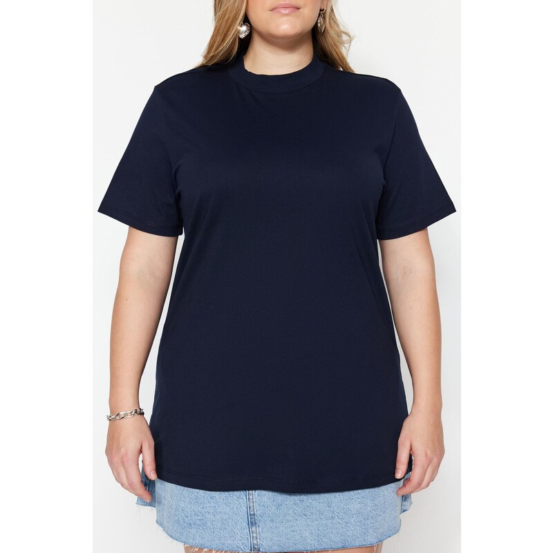 Trendyol Curve Navy Blue Collar Ribbed Boyfriend Knitted T-shirt