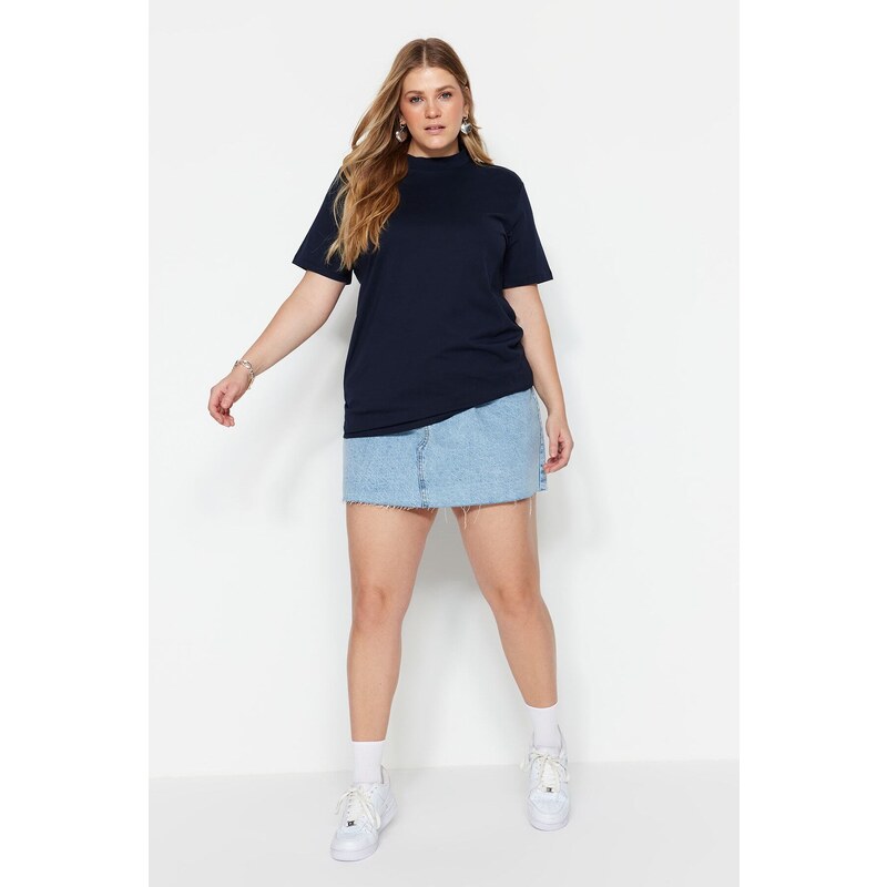 Trendyol Curve Navy Blue Collar Ribbed Boyfriend Knitted T-shirt