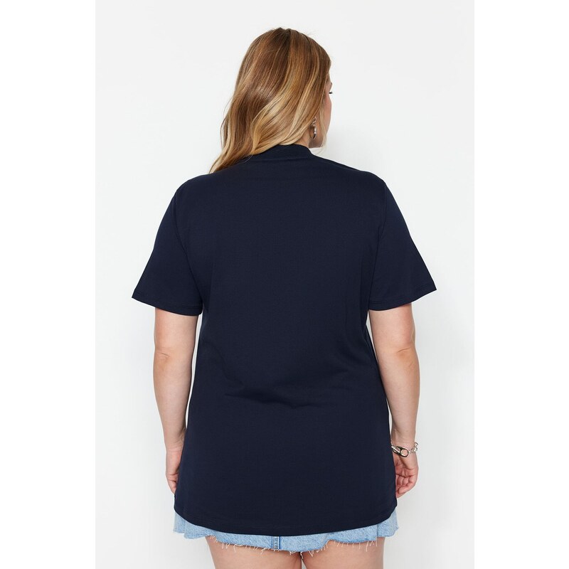 Trendyol Curve Navy Blue Collar Ribbed Boyfriend Knitted T-shirt