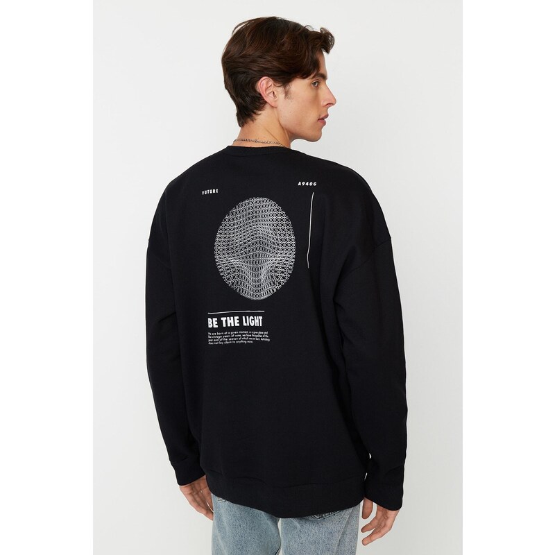 Trendyol Black Oversize/Wide Cut Crew Neck Fleece Inside Mystic Printed Sweatshirt