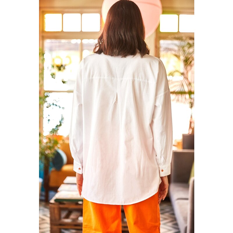 Olalook Women's White Orange Pocket Detailed Oversize Woven Shirt