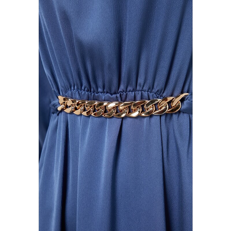 Trendyol Dark Blue Collar and Cuff Draped Detail Belted Woven Evening Dress