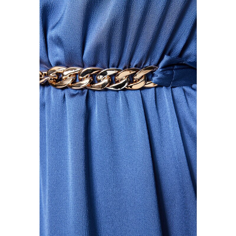 Trendyol Dark Blue Collar and Cuff Draped Detail Belted Woven Evening Dress