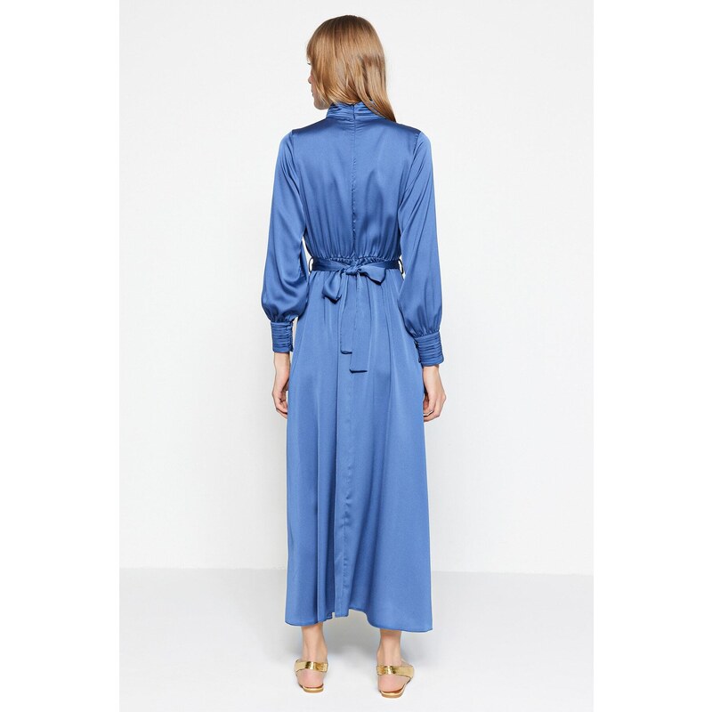 Trendyol Dark Blue Collar and Cuff Draped Detail Belted Woven Evening Dress