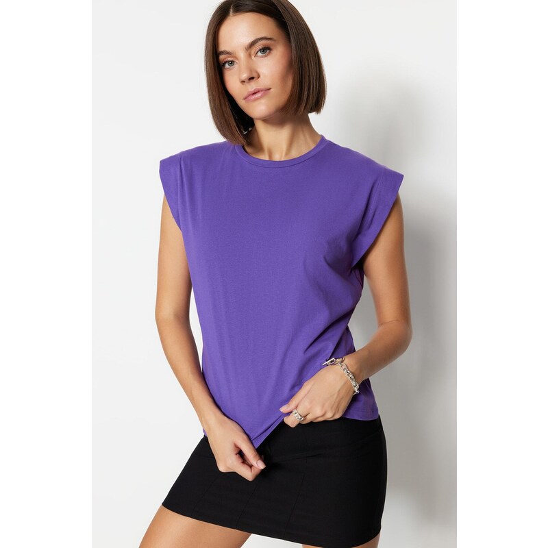 Trendyol Dark Purple 100% Cotton Padded Basic Crew Neck Knitted T-Shirt