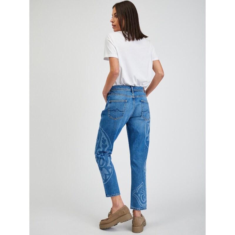 Modré dámské vzorované zkrácené straight fit džíny Pepe Jeans Violet - Dámské