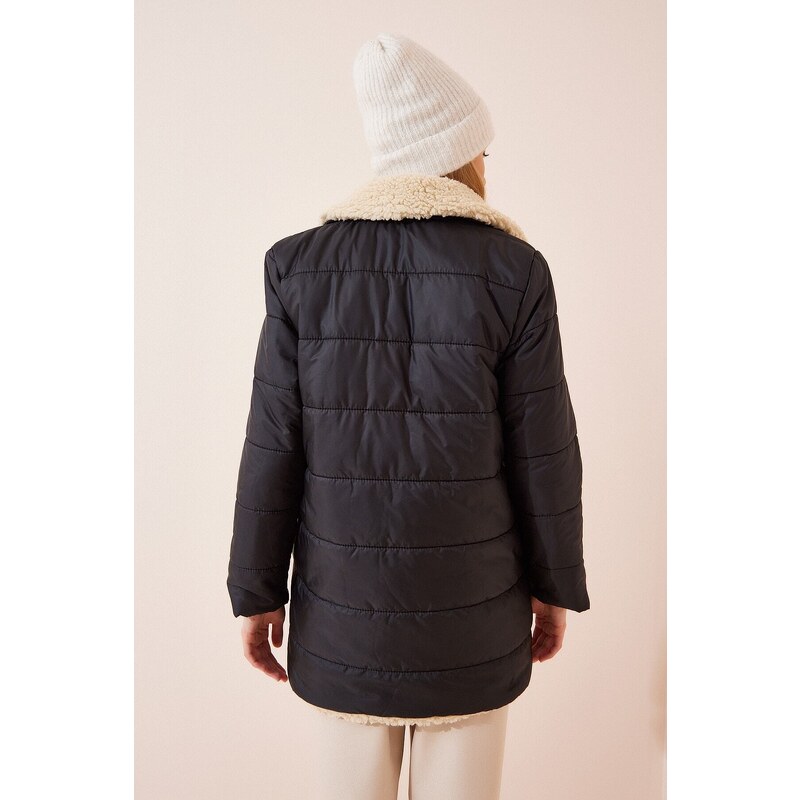 Happiness İstanbul Women's Black Faux Wool Down Jacket