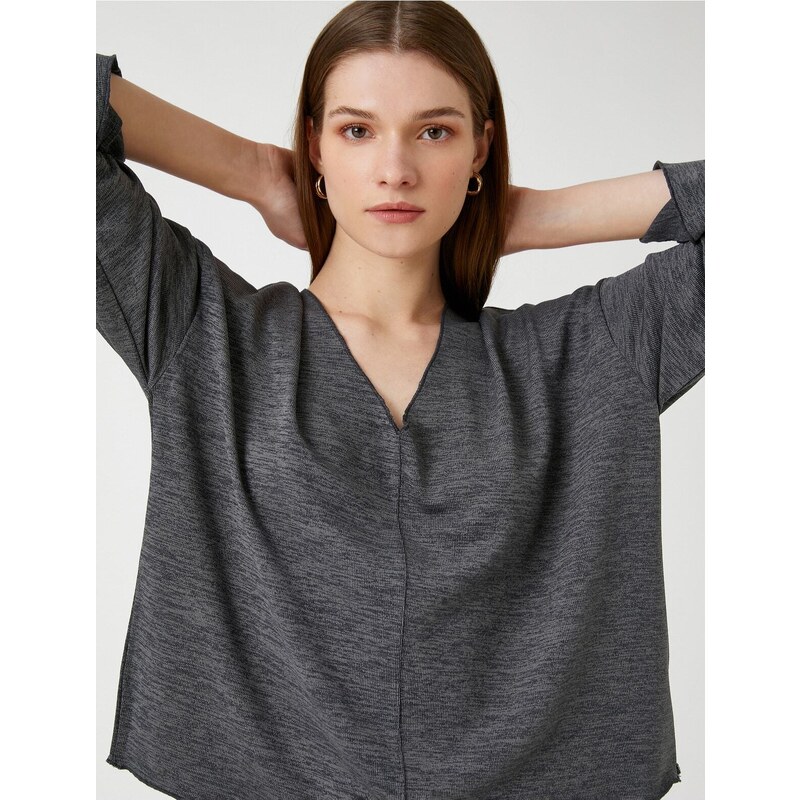 Koton V-Neck Sweatshirt with Bat Sleeves