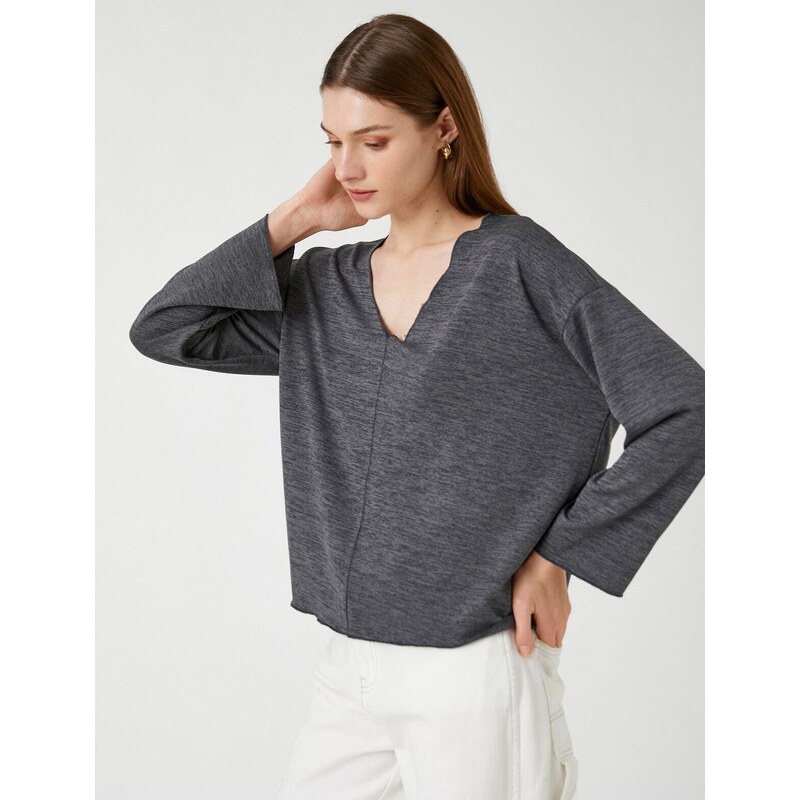 Koton V-Neck Sweatshirt with Bat Sleeves