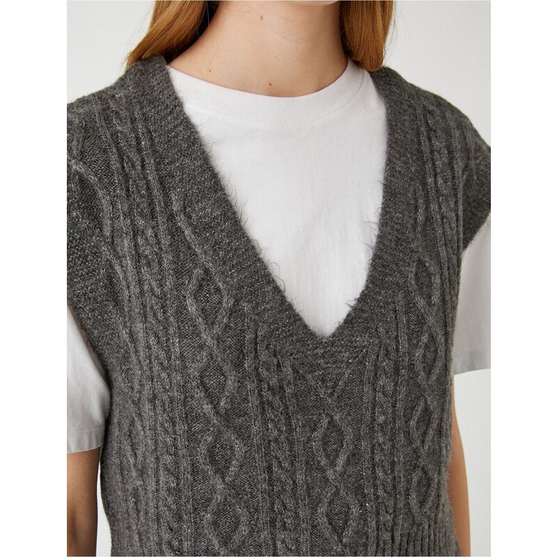 Koton Knitted Sweater V-Neck Hair Braid Patterned