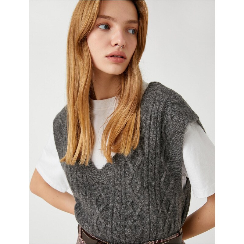 Koton Knitted Sweater V-Neck Hair Braid Patterned