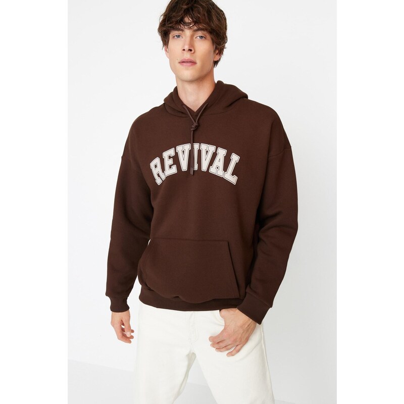 Trendyol Brown Oversize/Wide-Fit Hooded Cotton Unisex Sweatshirt