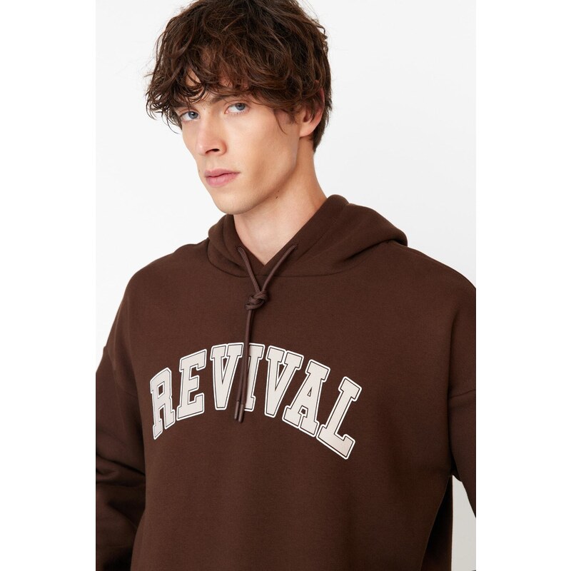 Trendyol Brown Oversize/Wide-Fit Hooded Cotton Unisex Sweatshirt