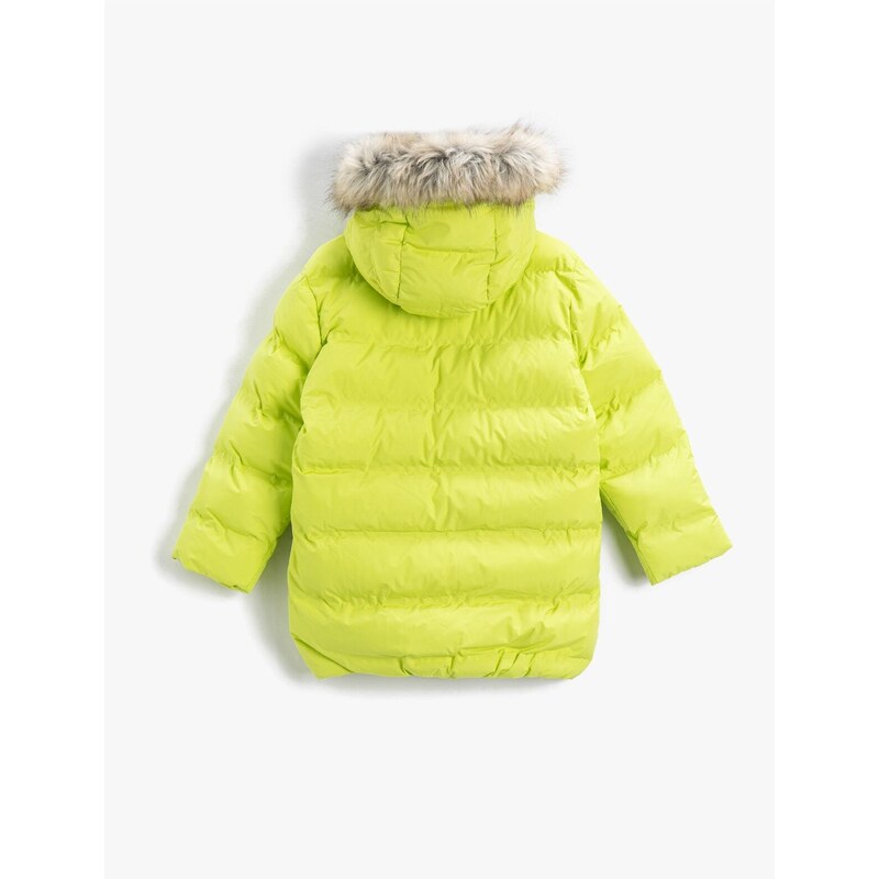 Koton Long Puffer Coat Faux Fur Detail Hooded Zippered Pocket