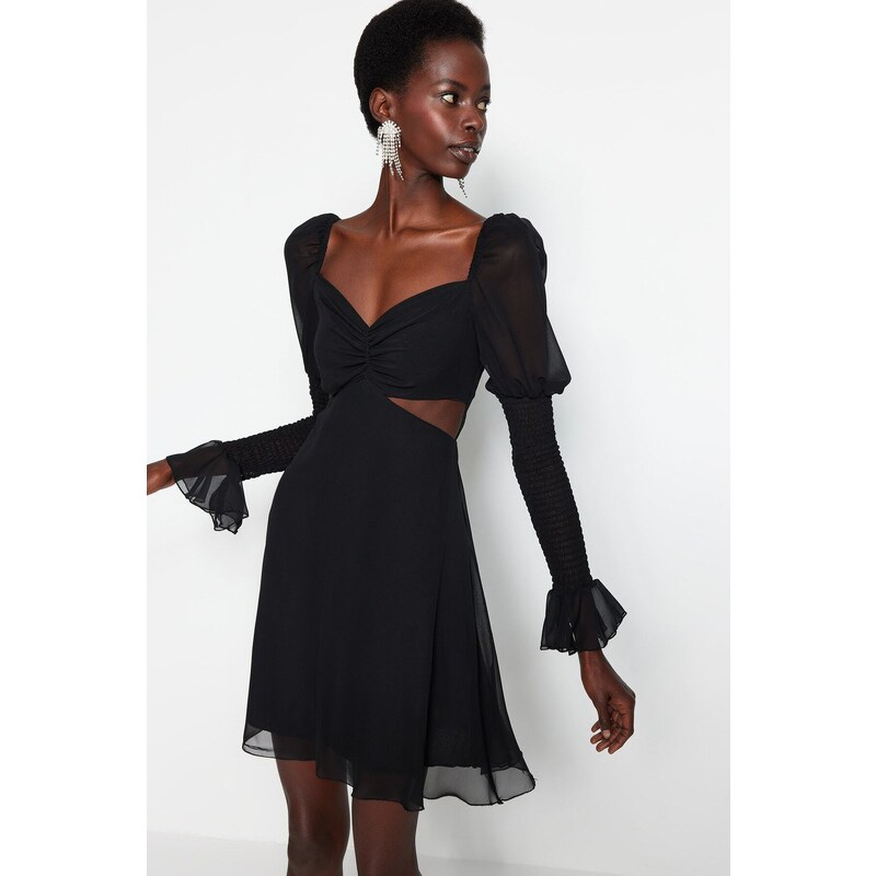 Trendyol Black Waist Opening/Skater Window/Cut Lined Out Detailed Chiffon Elegant Evening Dress